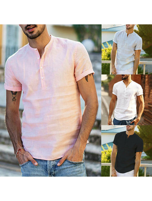 Meihuida Mens Linen Short Sleeve Summer Solid Shirts Casual Loose Dress Soft Tops Tee