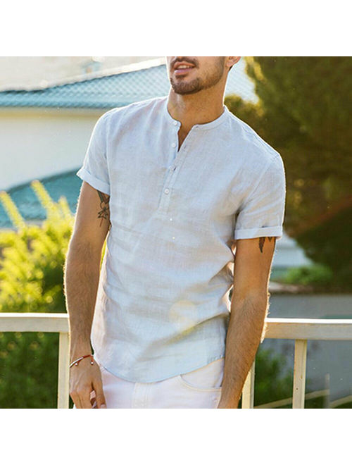 Meihuida Mens Linen Short Sleeve Summer Solid Shirts Casual Loose Dress Soft Tops Tee