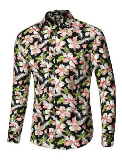 Men Floral Button Hawaiian Palm Flower Printed Shirt Black XXL US 50