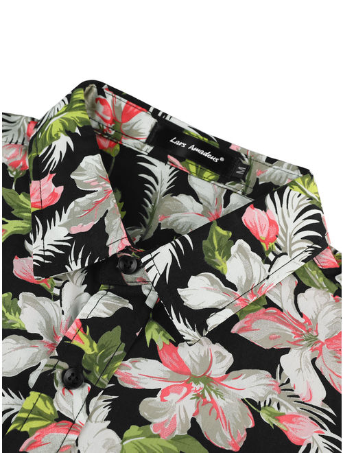 Men Floral Button Hawaiian Palm Flower Printed Shirt Black XXL US 50