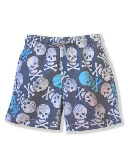 Boys Gray Blue Skull Print Hamlet Drawstring Swimwear Shorts