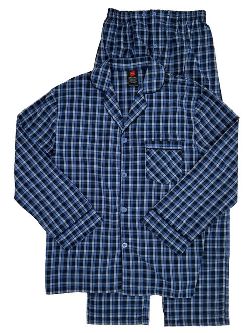 Hanes Mens 2-Piece Blue Plaid Woven Sleepwear Pajama Set Sleep Set