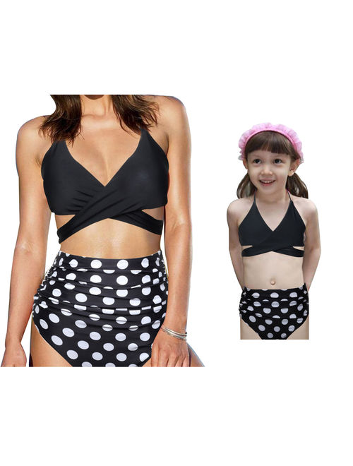 Mommy and Me Swimsuits Vintage High Waisted Bikini Set Family Matching Mother Girl Tankini Swimwear Bathing Suits