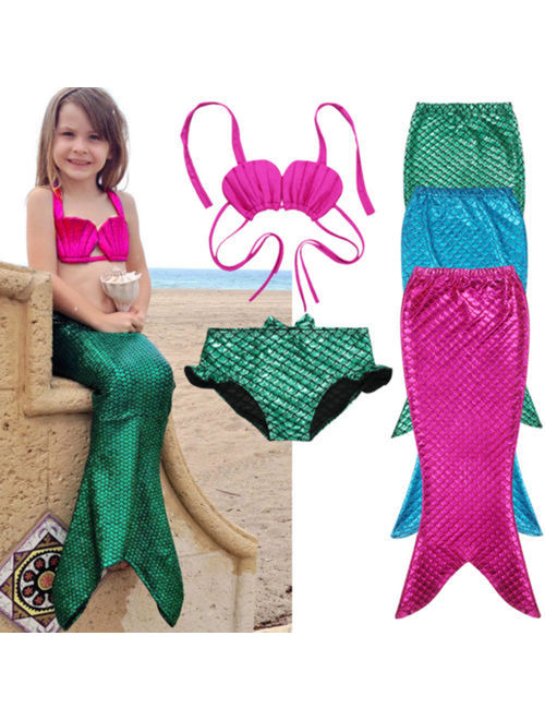 Styles I Love Infant Baby Girl Mermaid Scale Bikini Swimsuit Bathing Beach Pool Party Swimwear (Blue+Fuchsia 3pcs Set, 150/8-9 Years)