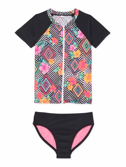Wonder Nation Girls 4-18 & Plus Bombay Short Sleeve Swim Shirt Rashguard And Swimsuit Bottom Set