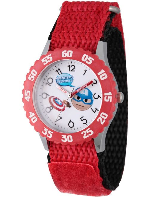 Emoji Kids' Captain America Stainless Steel Time Teacher Watch, Red Bezel, Red Hook and Loop Nylon Strap with Black Backing