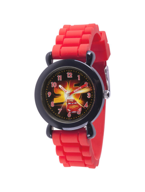 Cars 3 Lightning McQueen Boys' Black Plastic Time Teacher Watch, Red Silicone Strap
