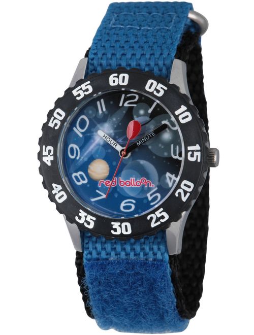 Space Boys' Stainless Steel Time Teacher Watch, Black Bezel, Blue Hook and Loop Nylon Strap with Black Backing