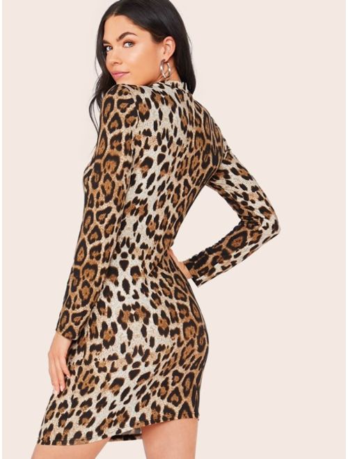 Shein Mock Neck Leopard Print Pencil Dress