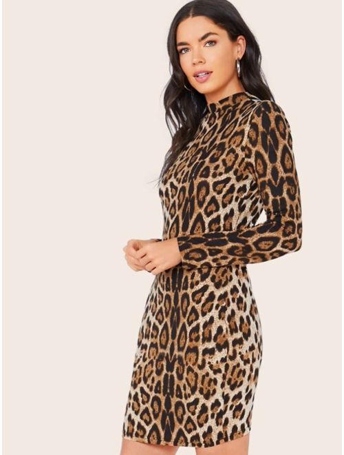 Shein Mock Neck Leopard Print Pencil Dress