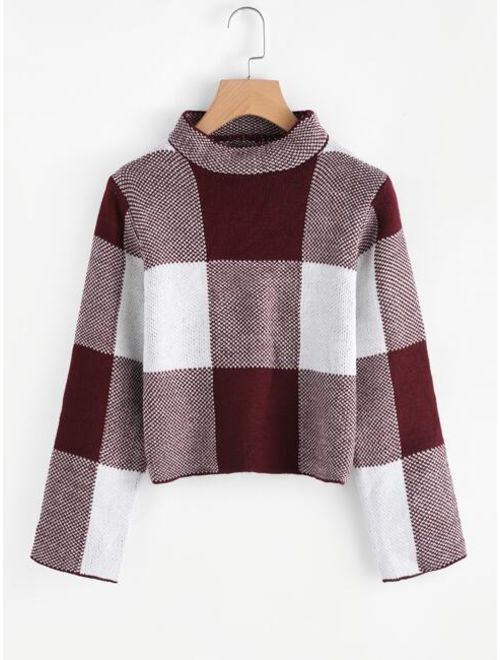 Shein High Neck Gingham Crop Sweater