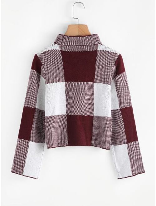 Shein High Neck Gingham Crop Sweater