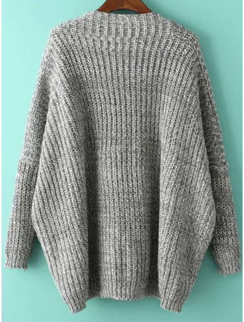 Grey V Neck Batwing Sleeve Dip Hem Oversized Sweater