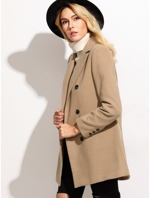 Camel Double Breasted Coat With Welt Pocket