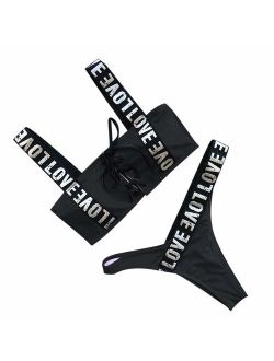 Fashionhe Women Bandage Letter Bra Bikini Set Swimwear Push-Up Padded Swimsuit Hollow Out Beachwear