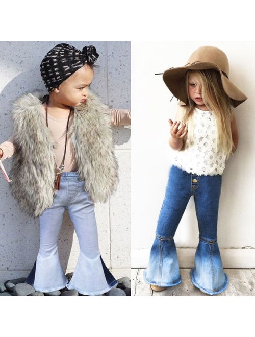 Canis 2-7 Years Toddler Baby Girls Causal Elastic Waist Denim Flare Bell Bottom Jeans Wide Leg Trousers