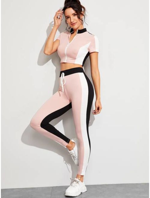 Shein Zip Up Colorblock Top and Knot Leggings Set