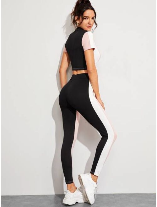 Shein Zip Up Colorblock Top and Knot Leggings Set