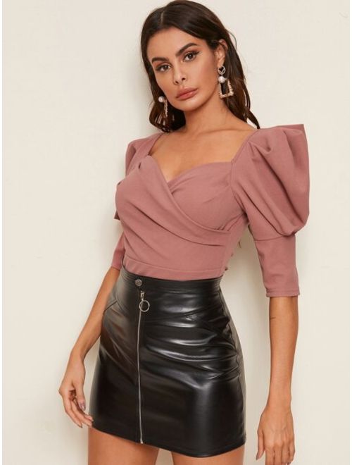 Shein Solid Sweetheart Neck Puff Sleeve Top
