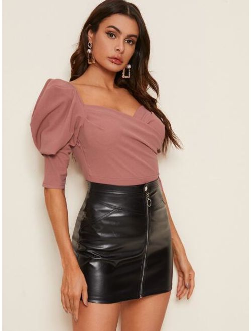 Shein Solid Sweetheart Neck Puff Sleeve Top