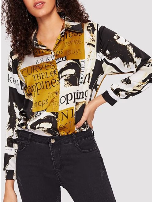 Figure And Letter Print Blouse