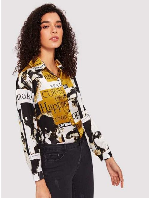 Figure And Letter Print Blouse