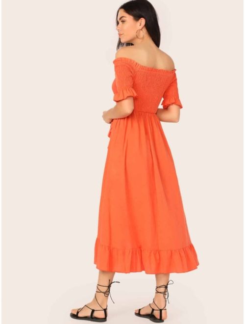 Shein Neon Orange Asymmetrical Ruffle Hem Shirred Bardot Dress