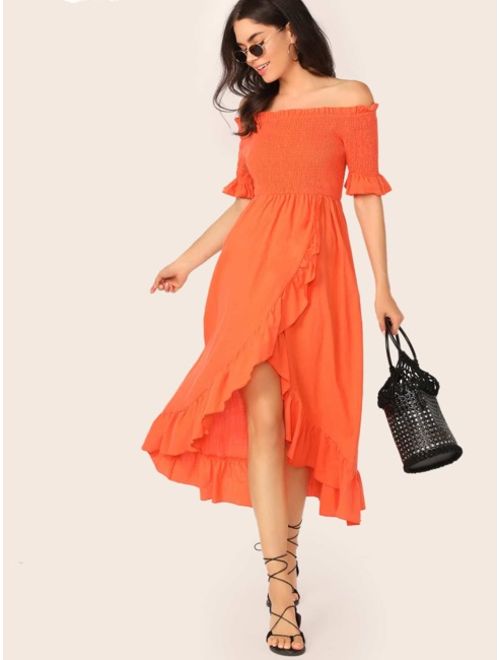Shein Neon Orange Asymmetrical Ruffle Hem Shirred Bardot Dress