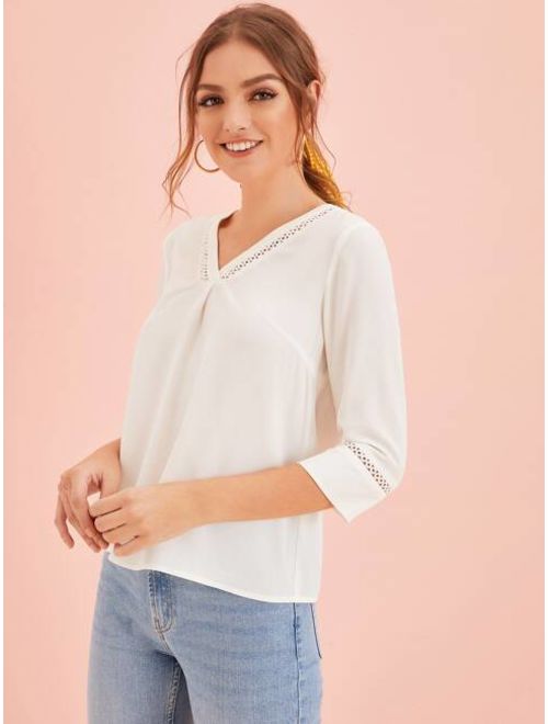 Shein Solid Lace Insert V Neck Top
