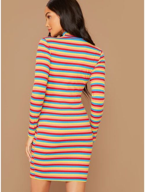 Shein Mock Neck Rib-knit Rainbow Stripe Dress