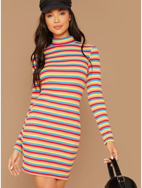 Shein Mock Neck Rib-knit Rainbow Stripe Dress
