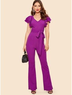 70s Layered Sleeve Belted Flare Leg Jumpsuit