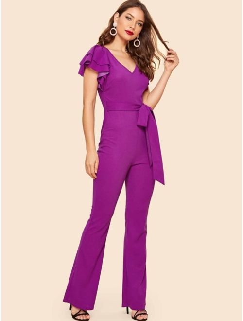 Shein 70s Layered Sleeve Belted Flare Leg Jumpsuit