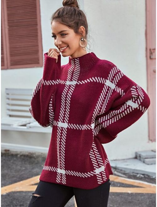 Funnel Neck Drop Shoulder Plaid Oversized Sweater