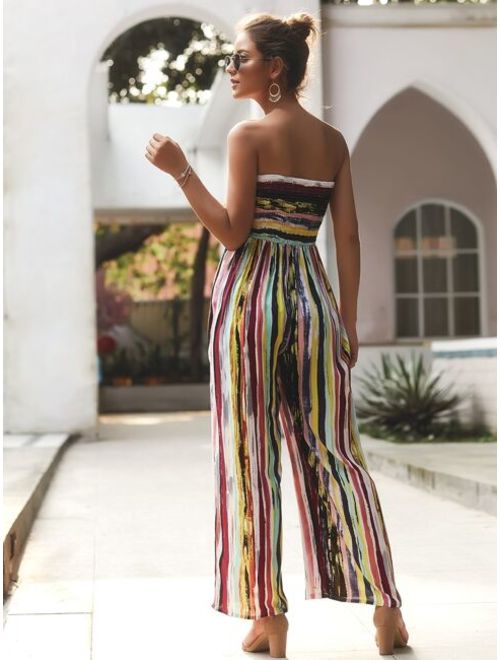 Strapless Rainbow Striped Tie Front Shirred Jumpsuit
