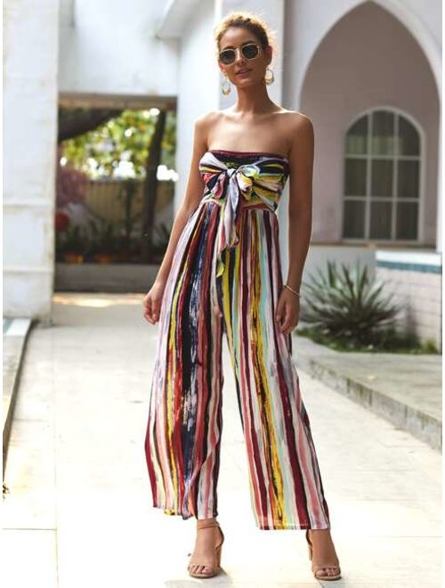Strapless Rainbow Striped Tie Front Shirred Jumpsuit