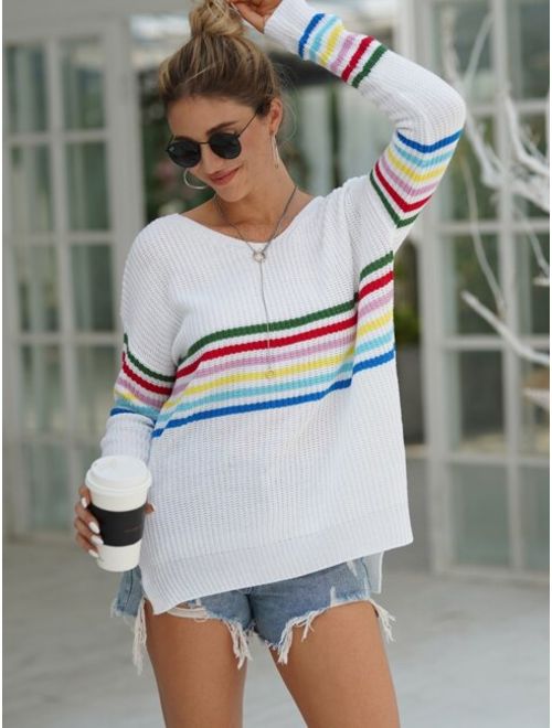 V Neck Striped Split Side Sweater