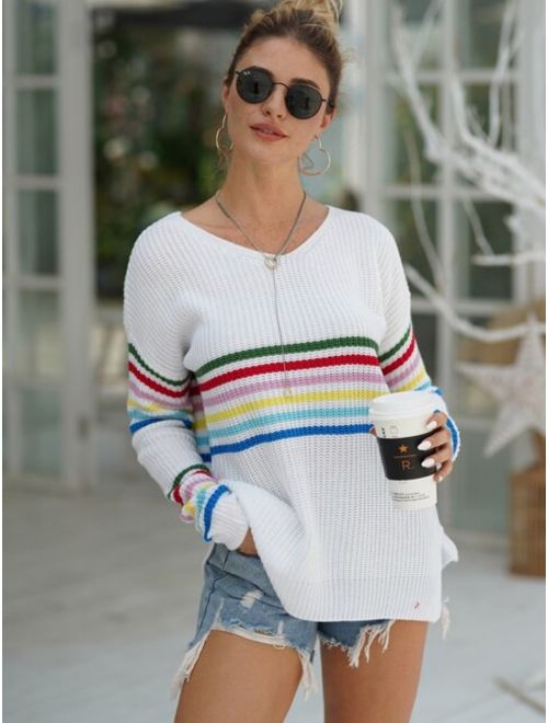 V Neck Striped Split Side Sweater
