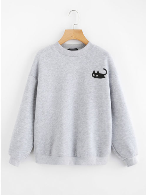 Shein Cat Print Heather Knit Pullover