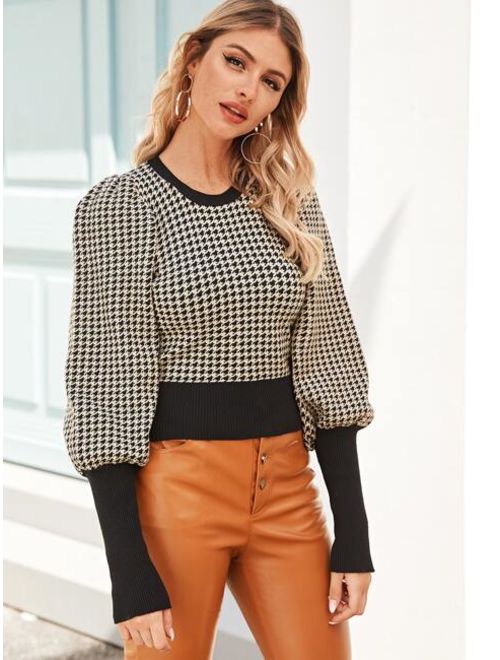 Houndstooth Print Leg Of Mutton Sleeve Sweater