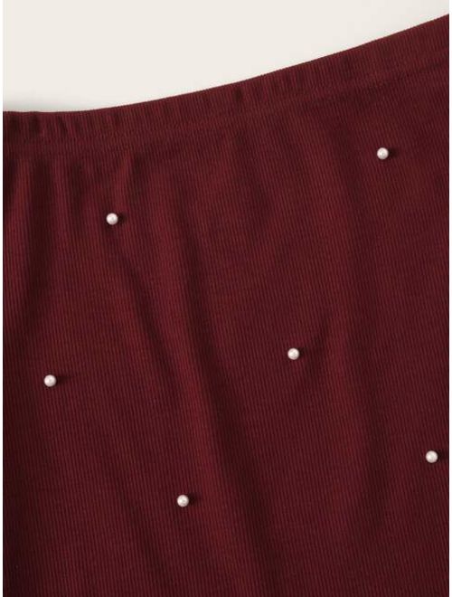 Shein Pearl Beaded Lettuce Edge Rib-knit Tee & Pencil Skirt Set