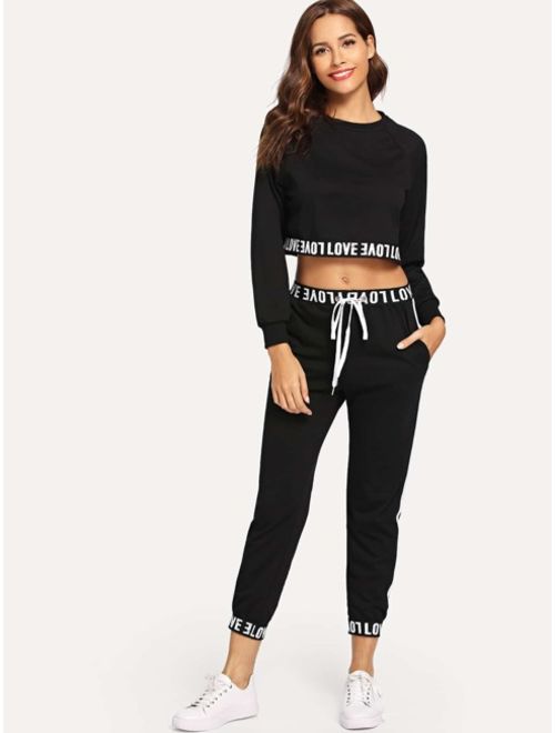 Letter Print Crop Top With Drawstring Pants