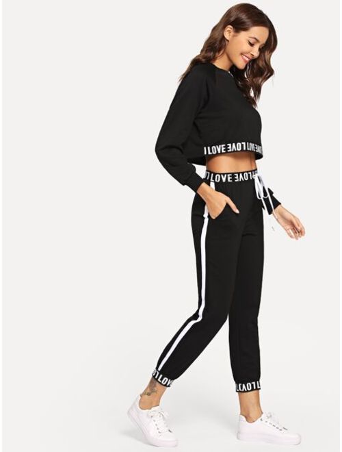 Letter Print Crop Top With Drawstring Pants