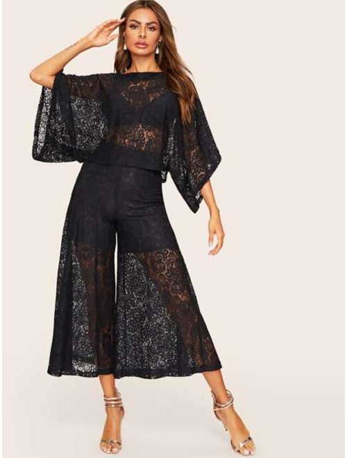 Sheer Lace Top Without Bra & Wide Leg Lined Pants