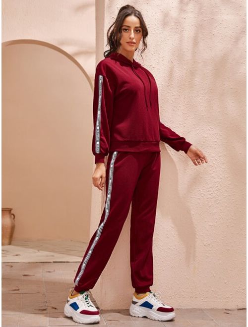 Shein Drawstring Detail Hoodie & Contrast Letter Tape Detail Joggers Set