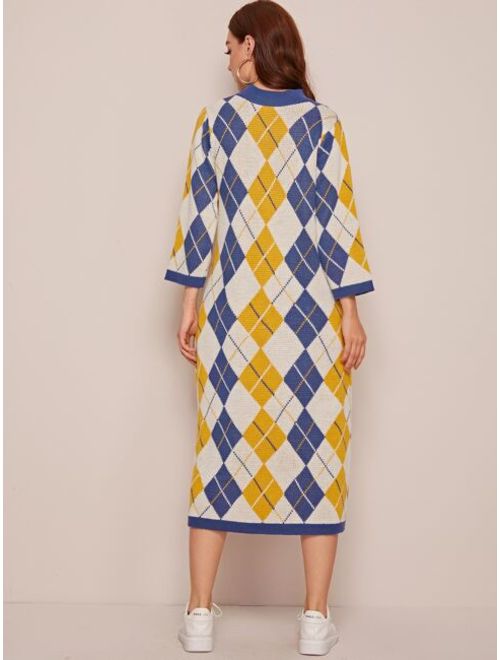 3/4 Sleeve Argyle Knit Sweater Dress