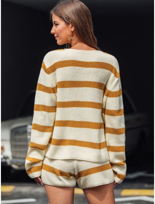 Color-block Striped Sweater With Sweater Shorts
