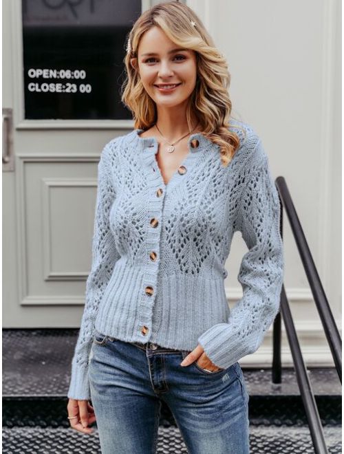 Simplee Solid Button Front Cut-out Sweater Cardigan