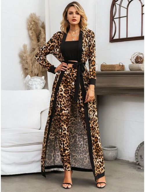 Glamaker Tube Top & Leopard Pants Set With Belted Coat