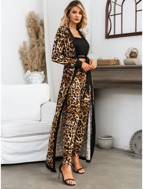 Glamaker Tube Top & Leopard Pants Set With Belted Coat